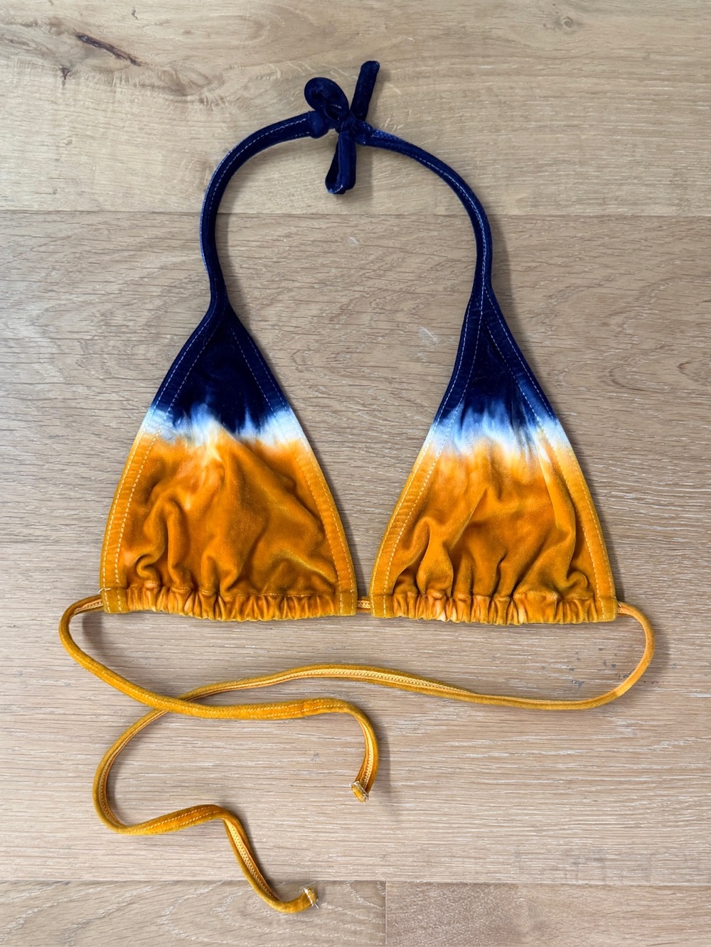 Boho Velour Tie-Dye Ombre Triangle Bikini Top Navy Amber Dip Dye Plush No Size